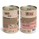 Verpackung von Dosen-Hundefutter mit einem beigen und rosa Design, mit Text, der sagt "100% rein, 100% echt, 100% Futter" und "Soooo lecker!"