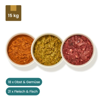 Tierfutterauswahl mit 14 Packungen Fleisch, 6 Knochen, 1 Fisch und 18 Portionen Obst und Gemüse, mit sichtbaren Produktetiketten.