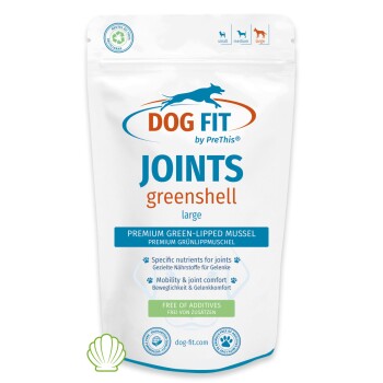 Weißer Beutel mit Aufschrift „DOG FIT JOINTS greenshell large“, Premium-Grünlippmuschel, Hinweis „FREI VON ZUSATZSTOFFEN“ und Hundesilhouette-Logo