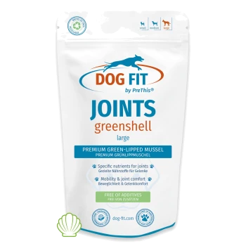 Weißer Beutel mit Aufschrift „DOG FIT JOINTS greenshell large“, Premium-Grünlippmuschel, Hinweis „FREI VON ZUSATZSTOFFEN“ und Hundesilhouette-Logo