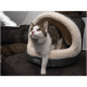 Eine neugierige weiße und getigerte Katze schaut aus einem gemütlichen, runden Haustierbett mit einem weichen, cremefarbenen Innenraum, das auf einem dunklen Sofa steht.