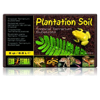 Packaging for Exo Terra Plantation Soil, a tropical terrarium substrate, featuring a green frog and a leaf with water droplets.