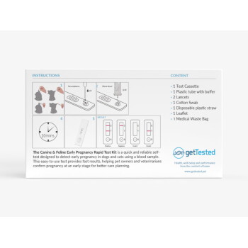 Verpackung des Canine & Feline Early Pregnancy Rapid Testkits mit Anleitungen, Inhaltsangabe, Ergebnisdiagrammen und getTested-Logo