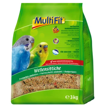 Ein 3 kg Beutel MultiFit Wellensittichfutter mit zwei bunten Wellensittichen und Text über natürliche Zutaten, Vitamine und Mineralien.