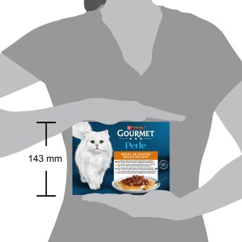Boîte de nourriture pour chats Purina Gourmet Perle avec chat blanc à poil long et bol ; repère de hauteur 143 mm.