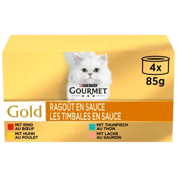 Packung Purina Gourmet Gold Katzenfutter mit einer weißen Katze auf der Vorderseite, mit Geschmacksrichtungen: Rind, Huhn, Thunfisch und Lachs.