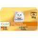 Packung Purina Gourmet Gold Katzenfutter mit einer weißen Katze auf der Vorderseite, mit Geschmacksrichtungen: Rind, Huhn, Thunfisch und Lachs.