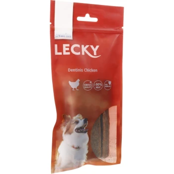 Hundeleckerli-Packung mit 'LECKY Dentinis Chicken', die Schweizer Qualität, 90% Fleischgehalt und Unterstützung des Immunsystems hervorhebt.