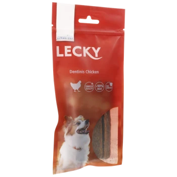 Hundeleckerli-Packung mit 'LECKY Dentinis Chicken', die Schweizer Qualität, 90% Fleischgehalt und Unterstützung des Immunsystems hervorhebt.