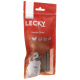 Emballage de friandises pour chiens mettant en avant "LECKY Dentinis Chicken," soulignant la qualité suisse, 90 % de viande et le soutien immunitaire.