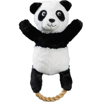 Pluszowa zabawka panda z uchwytem z liny, z czarno-białym futrem, szerokimi oczami i uśmiechniętą twarzą, idealna do zabawy dla zwierząt.