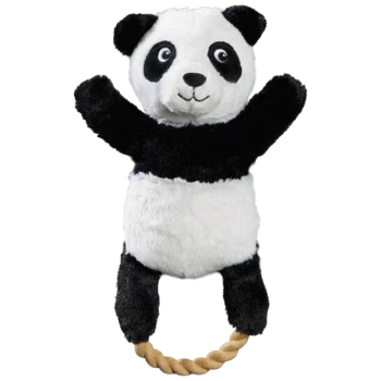 Ein plüschiger Panda-Spielzeug mit einem Seilgriff, mit schwarzem und weißem Fell, großen Augen und einem lächelnden Gesicht, ideal für die Spielzeit mit Haustieren.