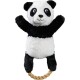 A plush panda toy with a rope handle, featuring black and white fur, wide eyes, and a smiling face, ideal for pet playtime.