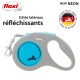 Laisse rétractable pour chien Flexi en gris et bleu néon, avec des côtés réfléchissants, avec une silhouette de chien et le texte 'Fabriqué en Allemagne.'