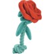 Plüschspielzeug für Haustiere in Form einer roten Rose mit grünen Blättern und gedrehtem grünem Seilenstiel.
