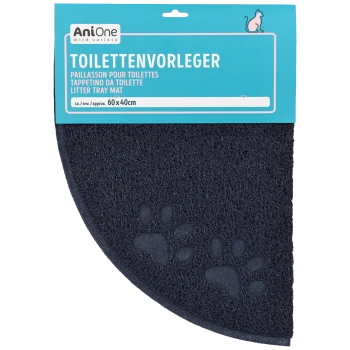 Dunkelblauer Katzenstreu-Matten mit Pfotenabdruckdesign, beschriftet "AniOne Katzenstreu-Matte" in mehreren Sprachen, Maße 60x40cm.