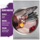 Un bol en métal contient du poisson cru, des organes de poulet et de dinde, des baies et un jaune d'œuf, étiqueté "Régime Wholeprey", "Volaille", "Organes", "Poisson".