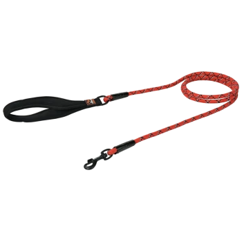 Rote und schwarze geflochtene Hundeleine mit gepolstertem Griff und einem Metallclip zur Befestigung.