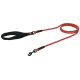 Rote und schwarze geflochtene Hundeleine mit gepolstertem Griff und einem Metallclip zur Befestigung.
