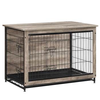 Holz-Haustierkäfig mit einem schwarzen Metallrahmen, mit zwei Türen und einer flachen Oberseite für zusätzlichen Stauraum.