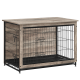 Holz-Haustierkäfig mit einem schwarzen Metallrahmen, mit zwei Türen und einer flachen Oberseite für zusätzlichen Stauraum.