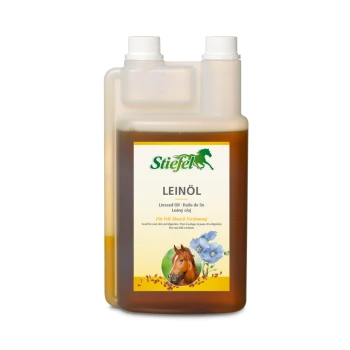 Flasche Stiefel Leinsamenöl für Pferde, gekennzeichnet mit '100% natürliches Öl' und Vorteilen für Fell, Haut und Verdauung.