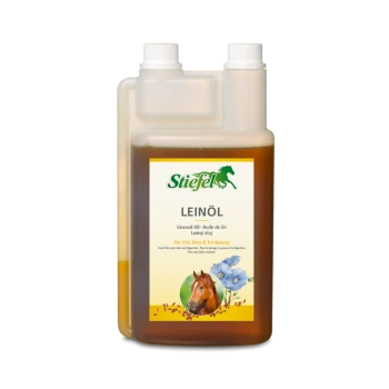 Flasche Stiefel Leinsamenöl für Pferde, gekennzeichnet mit '100% natürliches Öl' und Vorteilen für Fell, Haut und Verdauung.