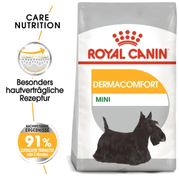 Royal Canin Dermacomfort Mini Hundefutterbeutel mit einer Illustration eines Scottish Terriers, der die Hautverträglichkeit und 91% Zufriedenheit der Besitzer betont.