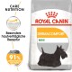 Royal Canin Dermacomfort Mini Hundefutterbeutel mit einer Illustration eines Scottish Terriers, der die Hautverträglichkeit und 91% Zufriedenheit der Besitzer betont.