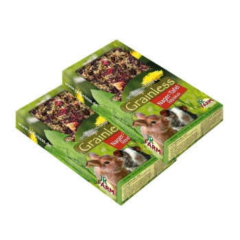 Dwie paczki przysmaków JR FARM Grainless Nager-Hibis dla małych zwierząt, z kolorową mieszanką suszonych ziół i kwiatów.