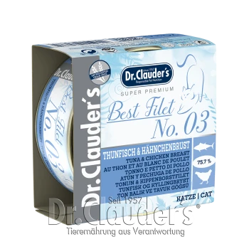 Dr. Clauder's Super Premium Best Filet No. 03 Katzenfutterdose, die Thunfisch und Hühnerbrust enthält, mit einem Fleischanteil von 75,7%.