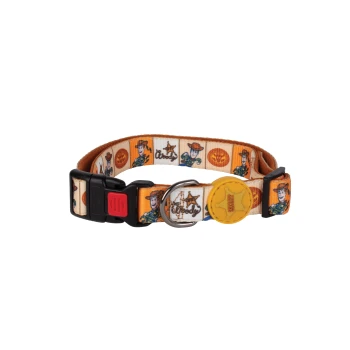 Orange cream Toy Story dog collar with Woody portraits, 'Woody' text, yellow sheriff badge charm and black buckle.