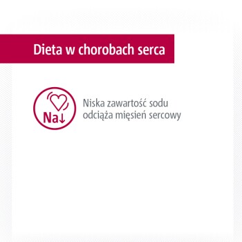 Dieta dla chorób serca, z ikoną serca i tekstem mówiącym "Niska zawartość sodu ułatwia pracę mięśnia sercowego."