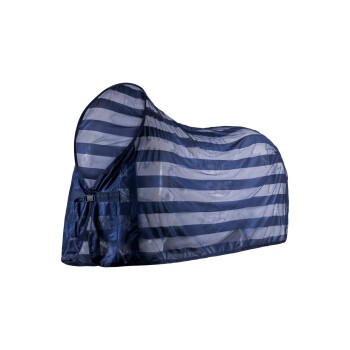 Navy-blauer Haustierträger mit Netzstreifen, mit einem sicheren Schnallenverschluss für einfachen Zugang und Belüftung.