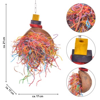 Buntes hängendes Vogelspeilzeug aus einer Kokosnussschale mit lebhaftem, zerrissenem Papier, das ungefähr 21 cm hoch und 17 cm im Durchmesser misst.