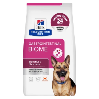 Hill's Prescription Diet Gastrointestinal Biome hondenvoer, spijsverterings-/vezelzorg; badge 'Gezonde ontlasting binnen 24 uur'; hond.