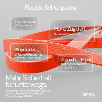 Helle orangefarbene flexible Hundeleine, wasserabweisend, bietet Sichtbarkeit, hohe Zugfestigkeit, einfache Reinigung und einen bequemen Griff.