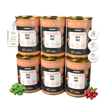 Sechs Dosen Alphazoo Wild + Rind Hundefutter mit Spinat und Cranberries, gekennzeichnet als getreidefrei und mit hohem Fleischanteil.