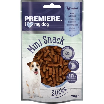 Mini Sticks Huhn & Fisch 6x70g Premiere I Love My Dog Mini Snack Sticks Verpackung, mit weichen, kaubaren Leckereien aus 84% Huhn und Fisch, 70g.