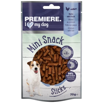 Premiere I Love My Dog Mini Snack Sticks Verpackung, mit weichen, kaubaren Leckereien aus 84% Huhn und Fisch, 70g.
