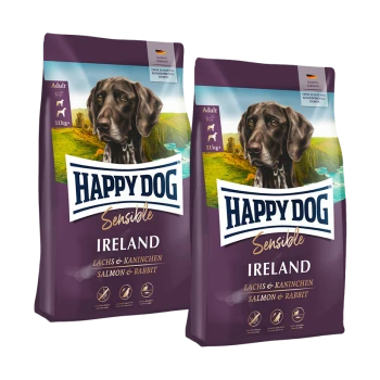 Zwei Beutel Happy Dog Sensible Ireland Erwachsenen-Hundefutter mit Lachs und Kaninchen, für Hunde ab 11 kg, hergestellt in Deutschland.