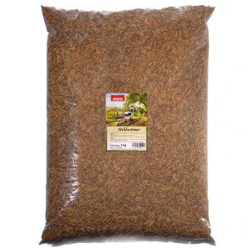 Eine durchsichtige Plastiktüte gefüllt mit getrockneten Mehlwürmern, beschriftet mit "PANTO Mehkwürmer," Nettogewicht 6 kg, geeignet für die Fütterung von Haustieren.