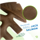 Benebone small fishbone dog chew toy, flavored with jack salmon, suitable for dogs under 30 lbs, with a blue wave background.