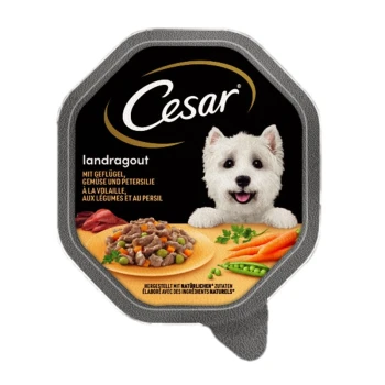Cesar-Hundfutterverpackung mit "Landragout" mit Geflügel, Gemüse und Petersilie. Enthält Bilder von Fleisch, Karotten und Erbsen.