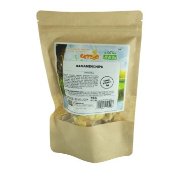 Bananenchips 75g Braune Papiertüte mit Bananenchips für Haustiere, beschriftet mit 'BANANENCHIPS', mit Frischegarantie und Fütterungsempfehlungen.