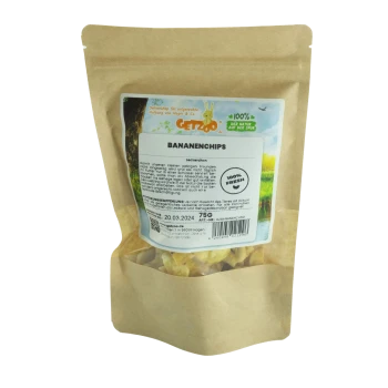 Braune Papiertüte mit Bananenchips für Haustiere, beschriftet mit 'BANANENCHIPS', mit Frischegarantie und Fütterungsempfehlungen.