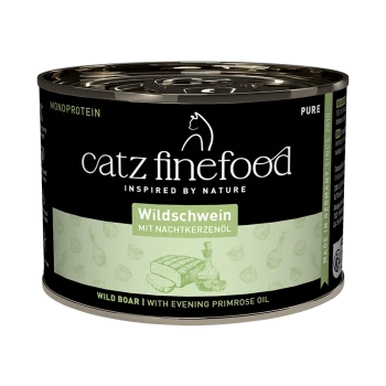 Catz Finefood Nassfutterdose für Katzen, Wildschwein mit Nachtkerzenöl, beschriftet mit "Wildschwein mit Nachtkerzenöl", hergestellt in Deutschland.