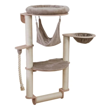 Beiger mehrstufiger Katzenbaum mit Kratzpfosten, hängender Hängematte, Seilspielzeug und gepolsterten Ruhebereichen.