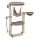 Beiger mehrstufiger Katzenbaum mit Kratzpfosten, hängender Hängematte, Seilspielzeug und gepolsterten Ruhebereichen.