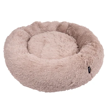 Runder, plüschiger Haustierbett in einer sanften beige Farbe, mit einem flauschigen Äußeren und einem gemütlichen, gepolsterten Zentrum.